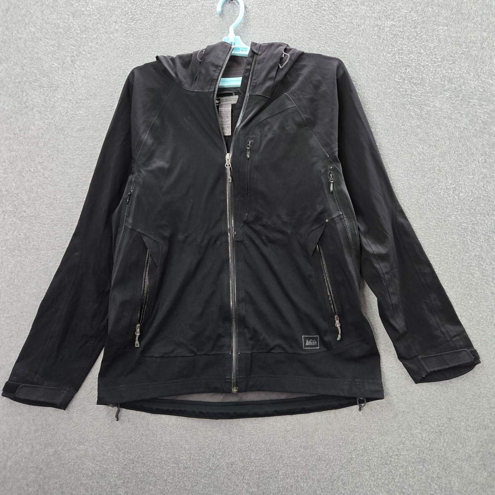 REI Women Jacket Large Black Windbreaker Hooded Pockets Full Zip READ